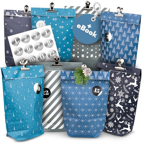 AMARI ® Adventskalender zum Befüllen Midnight Blue - 24 Papier Adventstüten (mit Holzklammern) zum Basteln für Weihnachten - Papier Weihnachtstüten