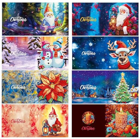 HNLMZ Cartes de Vœux de Noël,8 Pièces 5D Diamant Peinture Cartes de Vœux,Cartes de Vœux de Noël Pliées avec Enveloppes,Carte Cadeau de Noël pour la Famille, Les Amis