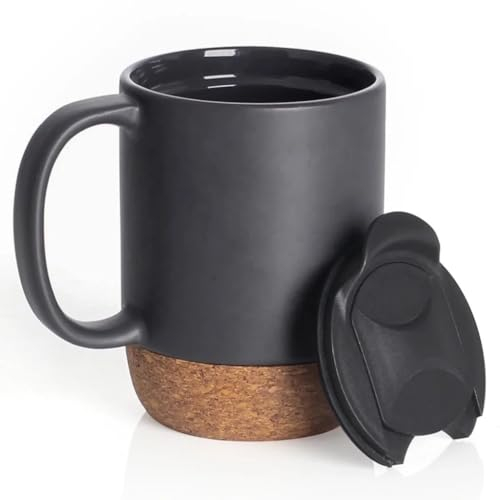 Generic Taza de café de cerámica reutilizable con asa y tapa extraíble con cerradura con agujero deslizante de 400 ml. Diseño de base de corcho resistente al calor (negro mate)