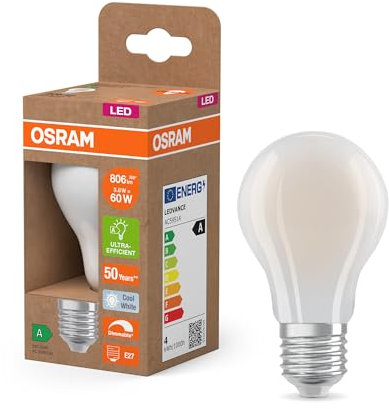 Osram Energy Class nella classica forma a lampadina, 3,8 W / 806 lm, EEK A, luce bianca fredda (4000 K), CRI 80, in vetro satinato senza piombo, attacco E27, IP20, diametro 60 mm, dimmerabile.