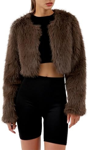 Amazhiyu - Abrigo de piel sintética para mujer, chaqueta corta de piel sintética, abrigo de piel sintética, chaqueta de pelo mullido, abrigo de forro polar, abrigo de piel sintética de manga larga