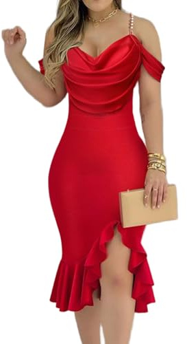 CHICME Womens Sexy Bodycon Party Dress Off The Shoulder Pearls Strap Midi Dress Ruffle Hem Cocktail Dresses Red-L
