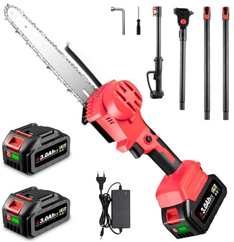 ONEVAN motosierra telescopica bateria, 8 podadora de altura sin escobillas con mango telescópico 2,25m, hoja de 20 cm de longitud, cabezal giratorio de 180°, incluye 2 baterías de 3,0 Ah