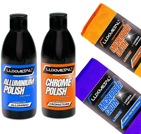 Polish Lux Metal - Kit Polissage Chrome et Aluminium 250g + 2 Chiffons Microfibre | Pâte Abrasive pour Polir, Enlever Rayures, Restaurer Brillance Voiture, Moto, Carrosserie et Métaux