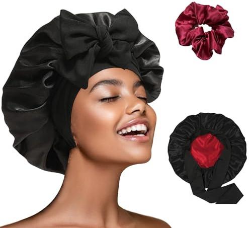 Bonnet en soie pour dormir avec élastique à cheveux pour femme - Bonnet de sommeil en soie et satin - Bonnet de sommeil (DE/NL/SE/PL, alphanumérique, taille unique, M, noir)