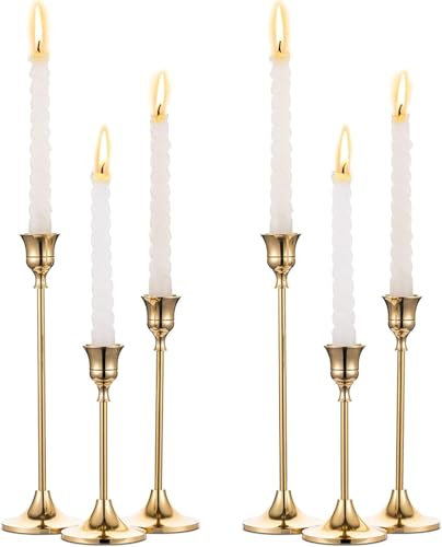 Gold Candlestick Holders, 6 Pcs Metal Taper Candle Holders, Vintage Modern Tall Candlestick Holders Gold for Wedding, Party Tabletop Decor, Home Decor, Candlelight Dinner