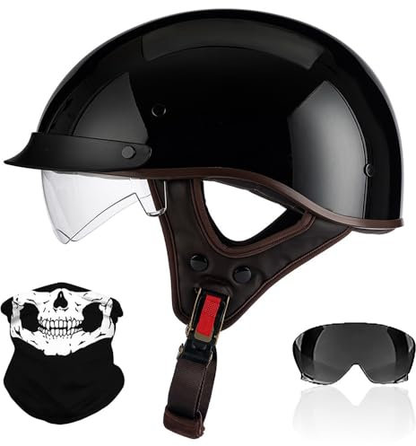 RHBDDHV Retro Motorrad Halbhelme, Motorradhelm mit ECE Zertifiziert, Vintage Deutscher Stil Jethelm mit Visier, Halbschalenhelm Damen und Herren, für Biker Chopper Cruiser Roller Scooter