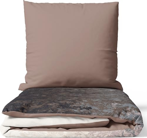 Leonado Vicenti Renforcé Bettwäsche 155x220 cm 100% Baumwolle 4-Jahreszeiten Florales Design Braun Beige Schwarz Set mit Verdecktem Reißverschluss Wendebettwäsche