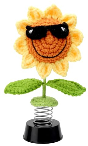 DAWRIS Auto Deko, Gestrickte Sonnenblume Heim Büro Armaturenbrett Dekoration Zubehör, Wackelfigur Blume, Wackelfigur Geschenk für Männer Frauen Freunde Familien Freunden Kollegen Gehäkelte Blume