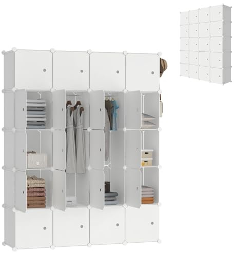 LZQ Armoire polyvalente DIY, système de rangement en plastique, placard de chambre avec porte, étagère à emboîter anti-poussière avec 20 cubes et tringle à vêtements (Laiteux)