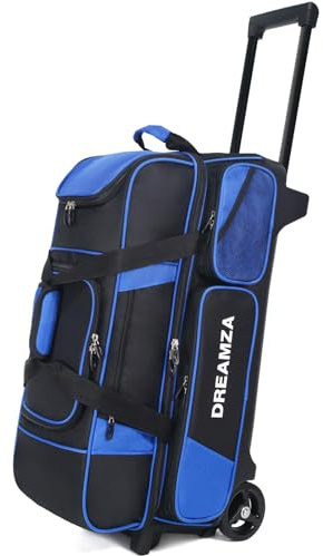 DREAMZA 3 Ball Bowling Bags with Wheels & Shoe Pocket, Premium Bowling Ball Bag 3 Ball Roller, Effortless-Rolling 3 Ball Bowling Bag w/Multi-Storage Pockets & Telescopic Handle Extends to 40'' (Blue)