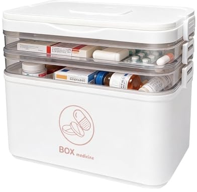 Neikafan Scatola per Medicinali a 3 Strati Porta Valigia Organizzatore per Armadio Casa Cassetta Medicinali Contenitore con Maniglia per Farmaci, Cosmetici e Pronto Soccorso, 30*24*16cm