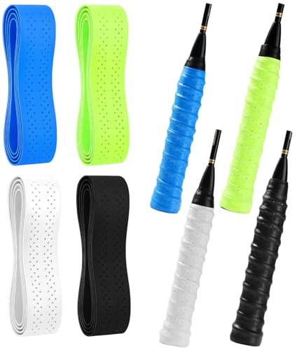 NUDVMUCH Griffband Tennisschläger - 4 Stück Griffband Badmintonschläger, Atmungsaktiv und rutschfest für Federballschläger, Badminton, Squash Schläger (110 × 25 mm, Weiß, Blau, Neongrün, Schwarz)