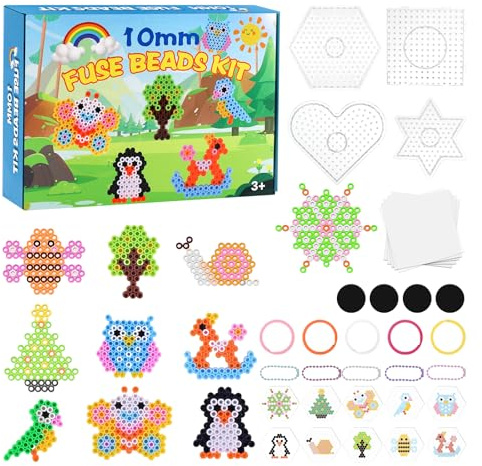 Exsink Perline da Stirare 10 mm, 1100 perline XL in 10 colori con 4 assi da stiro, 10 modelli, 5 carte da stiro, 5 portachiavi e accessori, regalo fai da te per bambini dai 3 anni in su