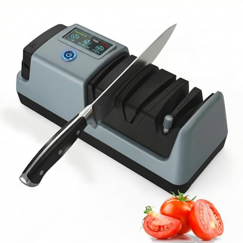 Elektrisk knivslip med LCD-skärm, 3 hastigheter | Magnetisk chipsamlingspanna, lämplig för raka, tandade och keramiska blad - exakt vässning med digital display