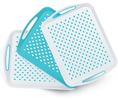 Essen 3-Pack Serving Tray Set – Non-Slip Lap Boards with Grip Handles, Ideal for Food Prep, Tea, Breakfast in Bed – Plastic Tray for Stable Dining – Dishwasher Safe (Blue/White)