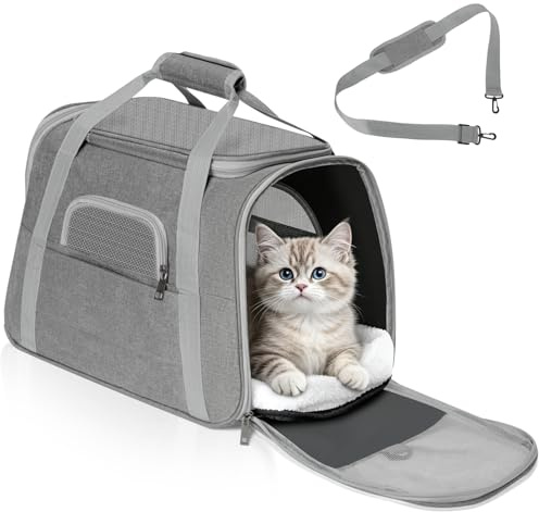 Romon Sac Transport Chat, Caisse de Transport Chien Respirant et Pliable jusqu'à 6 kg, Transporteurs avec Matelas en Peluche, Boîte de Transport avec Bandoulière Réglable, 17.3x11x9.8 inch, Gris