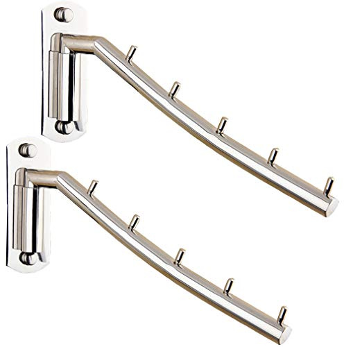 TEERFU 2 Pack Wall Mounted Stainless Steel Coat Rack Hooks，5 Hooks Folding Swing Arm Clothes Holder,Durable Coat Hanger Rack Clothes Rail