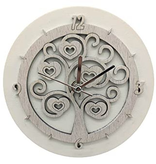 oggettando, Orologio da tavolo in ecopelle bianca con applicazione in legno Albero della Vita in scatola da regalo. Bomboniere, anniversari. Regali utili, Originali ed Economic. (16x16 cm)