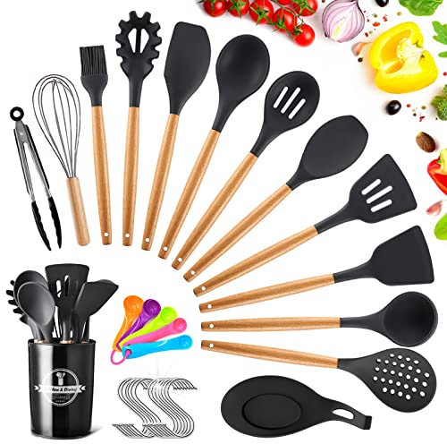 TOPSEAS Ustensiles de Cuisine en Bois Ustensiles Cuisine Antiadhésive Set,Silicone de qualité Alimentaire,14 pièces