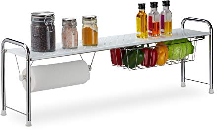 Relaxdays Spülbeckenregal mit Küchenrollenhalter, Küchenregal mit Korb, Metall, H x B x T: 32 x 94 x 23 cm, weiß/silber