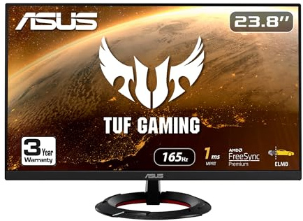 ASUS TUF Gaming 23.8” 1080P Monitor (VG249Q1R) - Full HD, IPS, 165Hz (Supports 144Hz), 1ms, Extreme Low Motion Blur, Speaker, FreeSync™ Premium, Shadow Boost, VESA Mountable, DisplayPort, HDMI