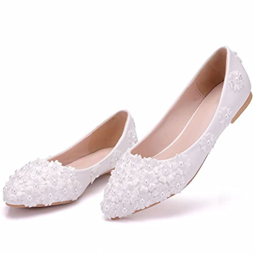 FNKPI, Scarpe Basse da Sposa, Décolleté in Pizzo Bianco da Sposa, Scarpe Casual Ballerine, Scarpe da Sposa con Imitazione di Fiori Adatte per Matrimoni, Feste, Feste da Ballo,Bianca,41 EU