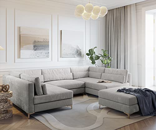 DELIFE Sofa Elio Cord Silbergrau 300x185 cm mit Hocker Wohnlandschaft