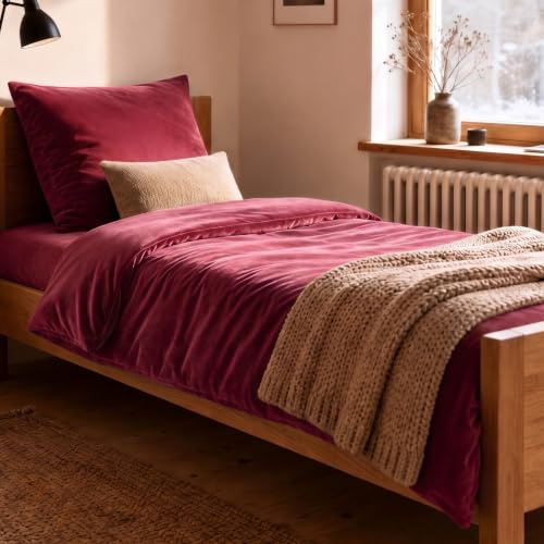 Soifox vinter flanell sängkläder 135 x 200 – röd fluffig och varm kashmir touch påslakan + örngott 80 x 80 cm med dragkedja