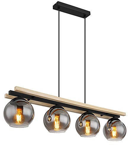 GLOBO Pendelleuchte Hängelampe Holzoptik Esszimmerleuchte Landhaus Pendellampe 4 flammig, Metall schwarz, 4x E27 Fassung, LxBxH 85x15x120 cm