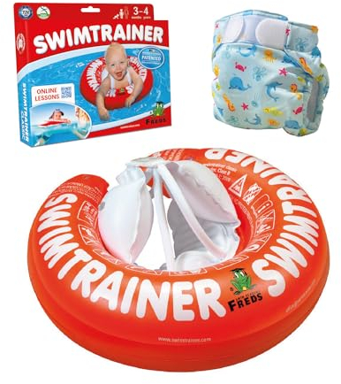 FREDS SWIM ACADEMY SWIMTRAINER Classic Rot + Nappy Blau (Größe 1) – Schwimmset für Babys & Kleinkinder von 3 Monaten bis 4 Jahren, Schwimmhilfe & Wiederverwendbare Schwimmwindel zur Wassergewöhnung