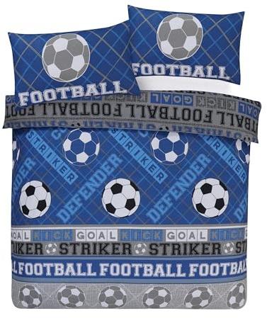 Grey Blue Football Single Duvet Cover Set Reversible Boys Bedding With Pillowcase (BLUE/GREY DUVET COVER SET, Single)