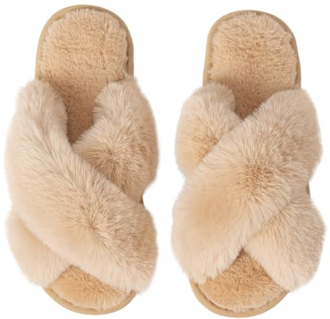 Csfry Women's Slippers Comfort Plush Fluffy Furry Open Toe House Slippers Indoor Outdoor Beige US9-10