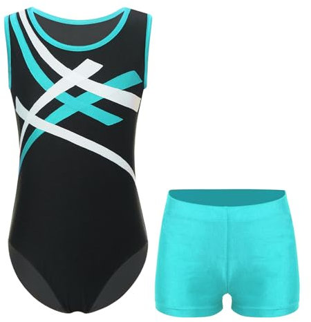 Jowowha Kinder Ballettanzug Jungen Gymnastikanzug Turnanzug Ärmellos Body mit Shorts Ballett Trikot Leotard Sportbody Overall Gym Sportwear Blau Grün 110-116