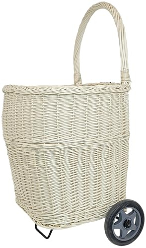 WEECO Large Wicker Shopping Basket in White - Shopping Trolley - Transport Basket with Wheels, Market Trolley, Wooden Basket, Shopping Trolley Made of Willow Large, Trolley for Firewood 93 x 50 x 48