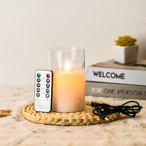 FiiMoo Candele LED Ricaricabile, Candele USB Ricaricabili, Candele Batteria, Candele LED Senza Fiamma, Candela in Vetro Senza Fiamma con Telecomando Per Decorazione, Festa, Vacanze, Hotel-10cm