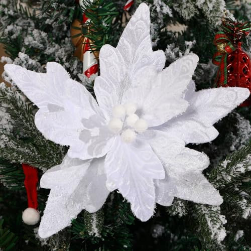 GL-Turelifes Lot de 6 grandes fleurs de poinsettia artificielles en velours pour décoration de Noël, Nouvel An, mariage, 30 cm (blanc)