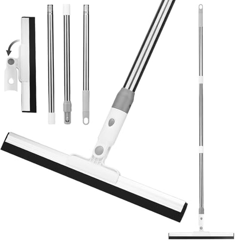 JIZZU 130 cm vattenskrapa, duschrostfritt stål, långt handtag, utdragbar dekal, tar bort vatten, djurhår och tvålvatten, för badrumsgolv