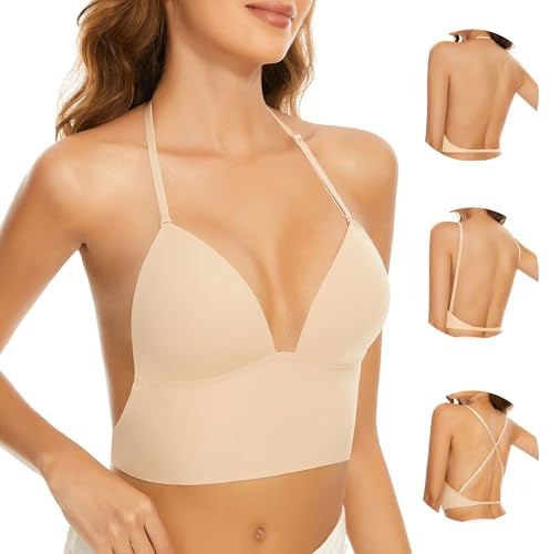 Low Back Bras for Women-Seamless Invisiable Backless Bras-Wireless Triangle Bralette Low Cut Open Back Multiway Halter Bra(Nude, 32D)