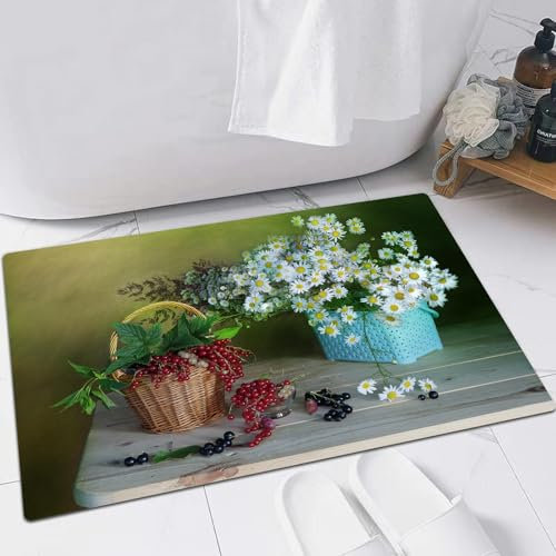 EMFSLA rutschfest Badezimmer Badeteppiche,Weich Hochflor Saugfähig Badvorleger Waschbar Flauschige Mikrofaser Badematte,Wildblumen und reife rote Beeren in einem Korb.,60x90 cm
