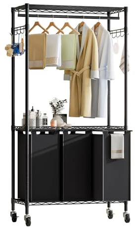 Uptyia Carrito para Ropa Sucia con Ruedas y Barra para Colgar – Cesto Clasificador de 3 Compartimentos con Bolsas Desmontables, Ideal para Lavandería, 79×36×185 cm