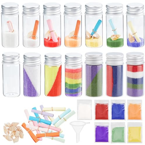 WEBEEDY 16 Set DIY Colored Sand Art Bottles 10ml DIY Wishing Bottles Sand Craft Kit with Beach Sea Shells Message Paper for Wedding Decorations Party Favors Supplies