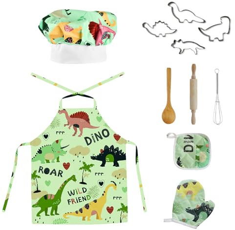 Wisebom Ensemble de Cuisine Enfant Costume de Chef, 11Pcs Dinosaure Tablier Toque de Chef Gants Rouleau à Pâtisserie, Kit Pâtisserie Enfant Jouets de Cuisine pour Garçons Filles (Vert)