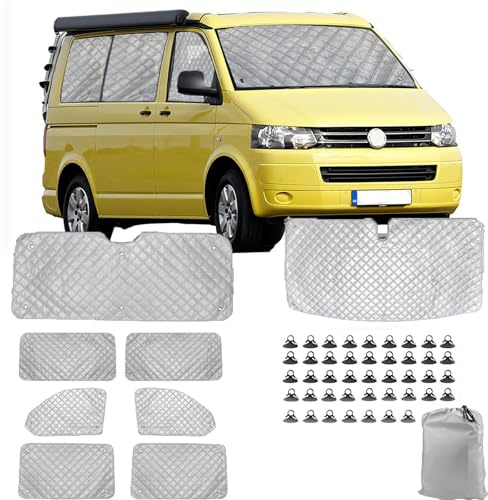 POPUBBY Sonnenschutz Auto Frontscheibe Ersatz für VW T5 T6, 8 Stück Thermomatten VW LWB T5 T6 Wohnmobil Transporter Thermomatten mit Aufbewahrungstasche Fahrerhaus Passend, 100% Okklusion