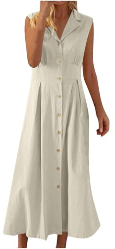 Vestidos largos casuales para mujer, elegante vestido sin mangas de algodón y lino con cuello de camisa y delantero plisado, vestido de verano con botones para damas, Reino Unido, mis pedidos, venta