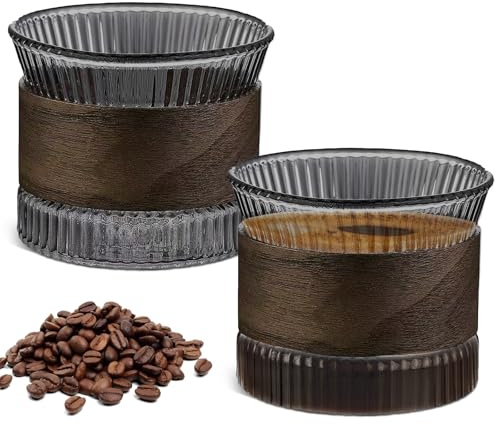Lot de 2 tasses à espresso en verre - 150 ml Tasses à cappuccino avec manchon en bois de noyer, tasse à espresso, tasse à thé, set de tasses à espresso, verres à cappuccino, set de tasses à mocha pour