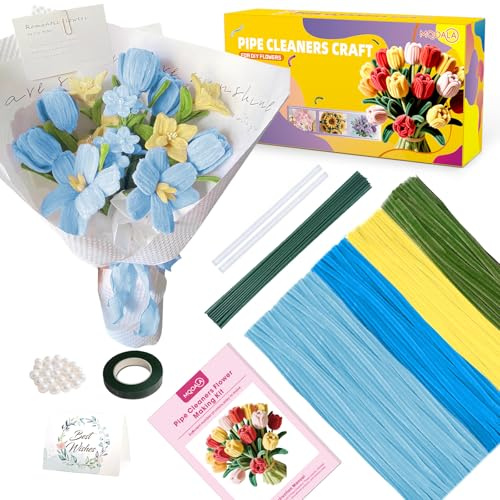 MQOALA Kit de Fleurs en Fil Chenille, 350 Pièces pour Bricolage, 4 Couleurs, avec Perles Décoratives, Ruban de Fleuriste, Fil Floral et Instructions –DIY Cure Pipe (Bleu)