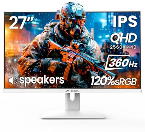 CRUA 27 Inch Gaming Monitor 360HZ, 2K QHD 2560x1440 IPS Panel White Computer Monitors with Built in Speakers, Support AMD FreeSync, 120% sRGB, Blue Light Filter, DP1.4 & HDMI2.1, Wall Mountable
