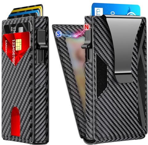 KISUEDZP Wallet for Men Aluminum RFID Blocking -Metal Smart Pop-Up Credit Card Holder with 2 ID Windows, Holds 8-10 Cards,Bifold Security Front Pocket Wallet & Money Clip,Men's accessories(Carbon)
