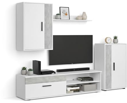 duehome | Mueble de Salón, Composición Modular de TV, Modelo: Lunet 190, Acabado en Blanco y Microcemento, Medidas: 140 cm (Largo) x 35 cm (Fondo) x 36,2 cm (Alto)